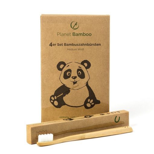 Bambus Zahnbürsten – 4er Set – medium – weiß – für Erwachsene