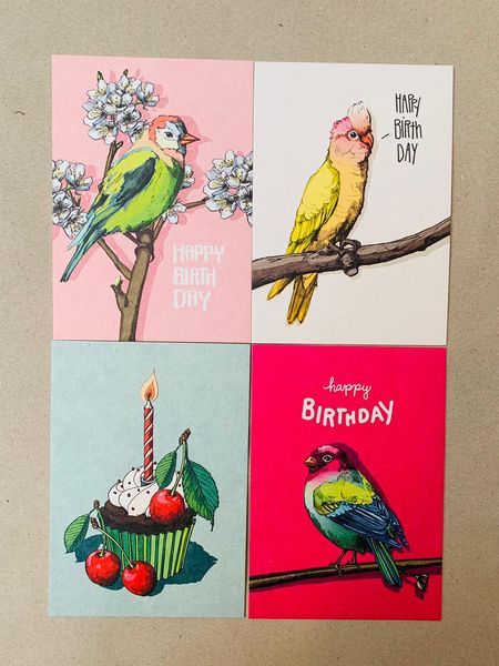 Happy Birthday Karte gezeichnet bunt in verschiedenen Designs Postkarte A6